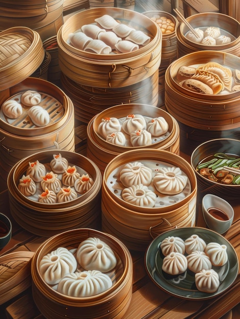 A variety of colorful dim sum dishes on a wooden table including pork buns har gow and shumai