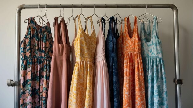 Variety of colorful dresses on a rack