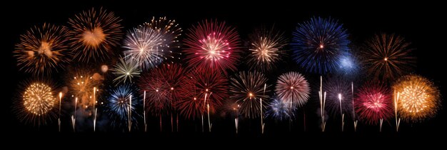 Photo a variety of colorful fireworks isolated on black background 4k hyper realistic insanely detailed