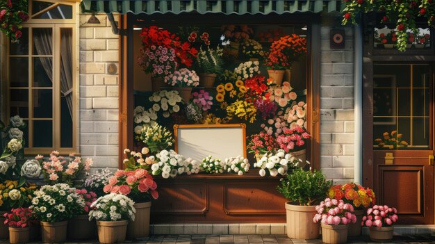 花屋の窓際の色とりどりの新鮮な花の種類