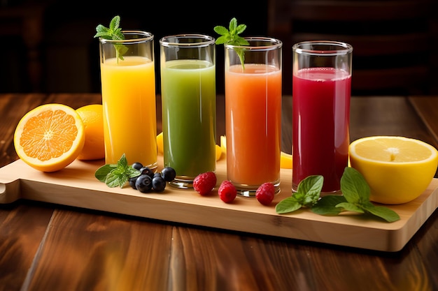 Variety of colorful fruit juices in glasses on a wooden background