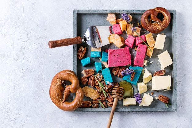 Variety of colorful holland cheese