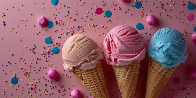A variety of colorful ice cream cones with sprinkles are aligned on a pink background with confetti evoking a festive mood