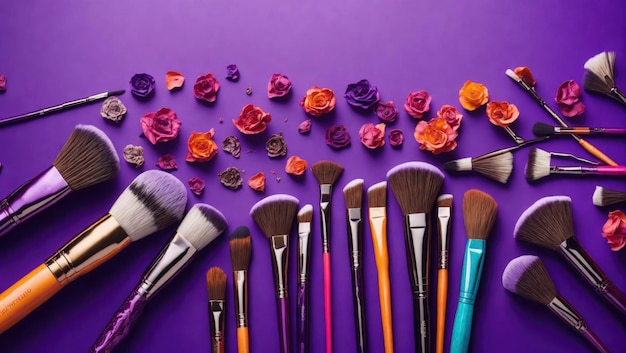 Variety of colorful makeup brushes