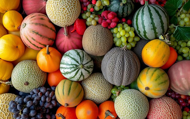 Foto varietà di meloni colorati in vendita al mercato degli agricoltori locali