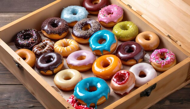 Variety of colorful old fashioned fried gourmet donuts in a wooden box with glaze
