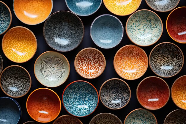 Photo a variety of colorful and patterned bowls in the style of intricate texture