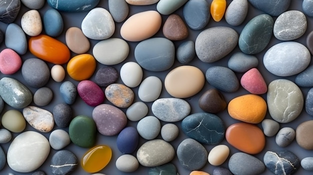 A variety of colorful pebbles are arranged in a pattern.