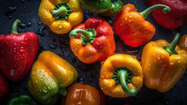 A variety of colorful peppers are on a black surface.
