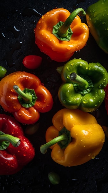A variety of colorful peppers are on a black surface.