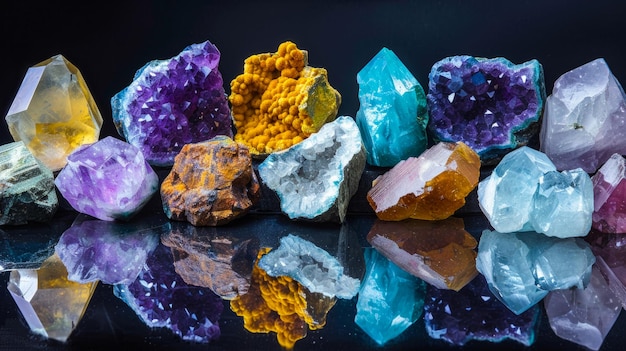Photo variety of colorful raw gemstones and crystals on a reflective surface