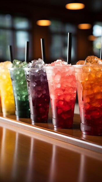 A variety of colorful slush drinks in plastic cups with black straws