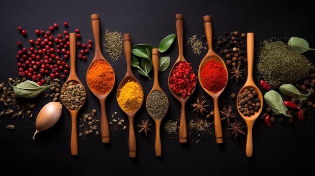 a variety of colorful spices each held in a different wooden spoon arranged on a sleek black stone background The composition leaves ample space for text or additional elements