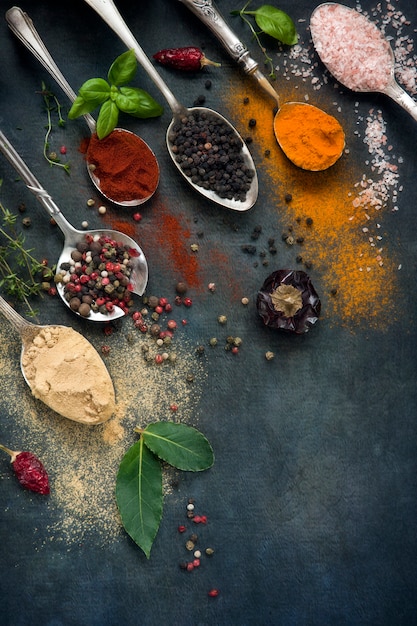 A variety of colorful spices in metal spoons 