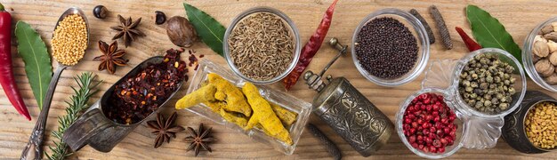 Variety of colorful spices on wooden background top view banner