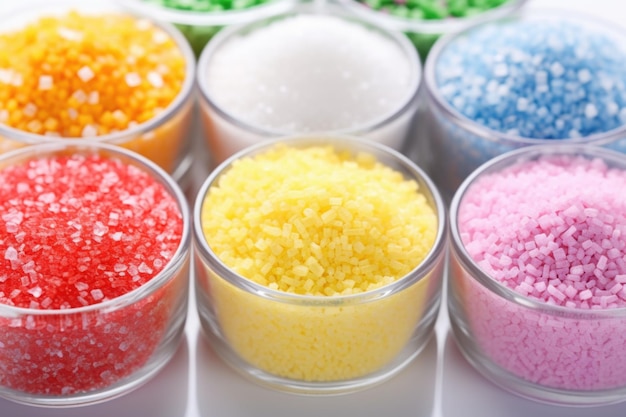 Photo variety of colorful sugar sprinkles on white table