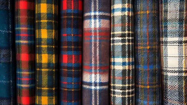 A variety of colorful tartan fabrics are displayed in a row