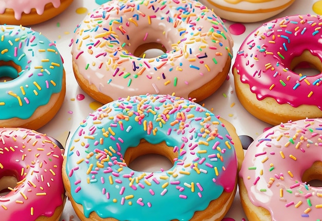 Variety of colorful tasty glazed donuts