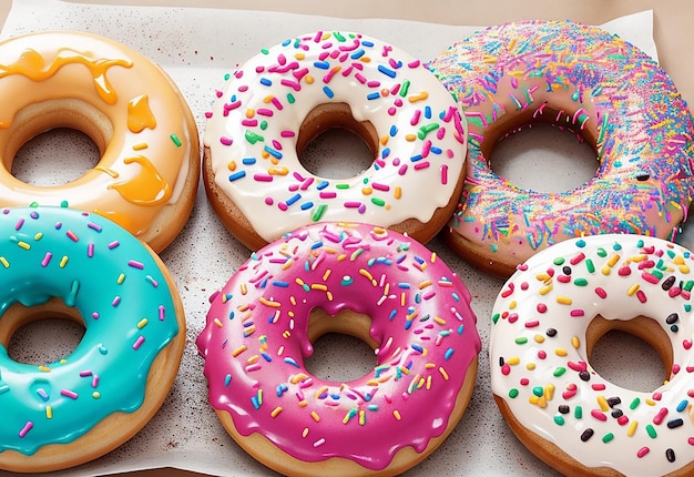 Variety of colorful tasty glazed donuts