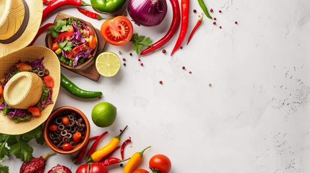 A variety of colorful vegetables and Mexican cooking ingredients laid out on a light surface