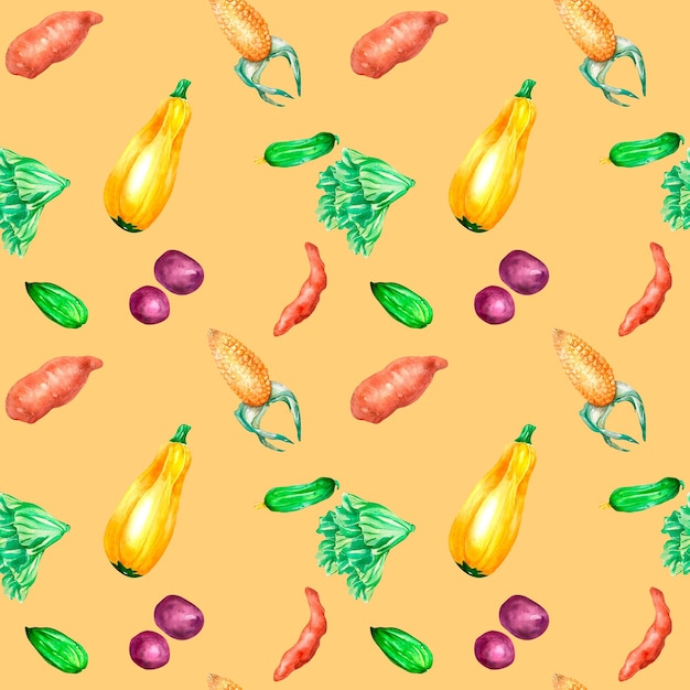 variety of colorful vegetables watercolor seamless pattern on mustard