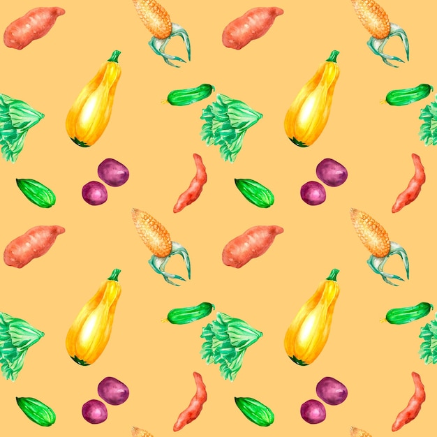 Variety of colorful vegetables watercolor seamless pattern on mustard