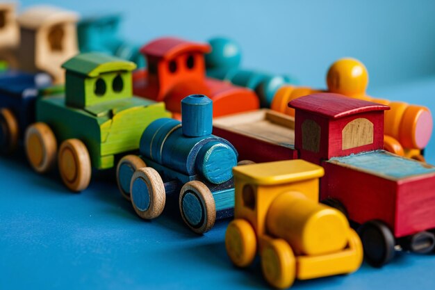 Photo a variety of colorful wooden train cars generative ai