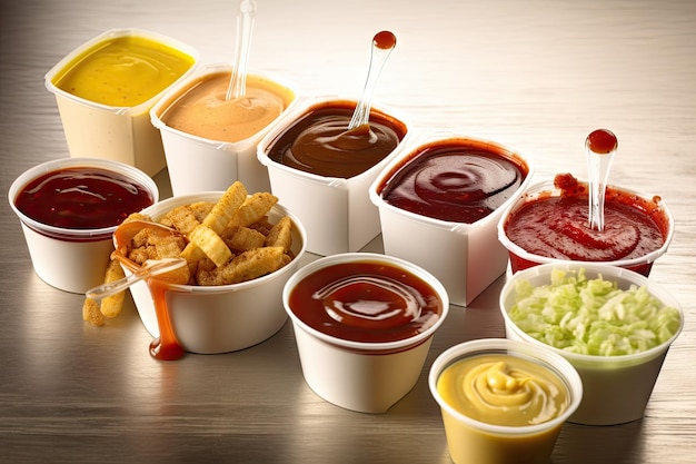 A variety of condiments and sauces being used on a variety of food items in fastfood setting