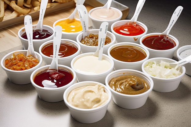 A variety of condiments and sauces being used on a variety of food items in fastfood setting