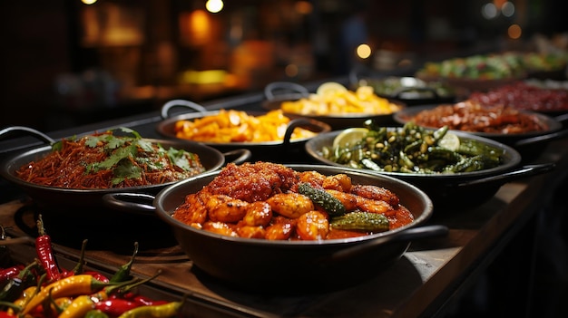 Variety of cooked curries on display at Camden Market in London