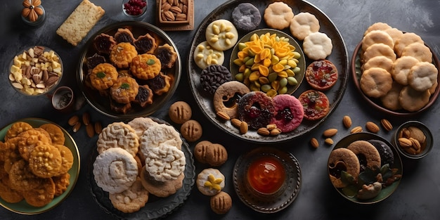 A variety of cookies are on a table