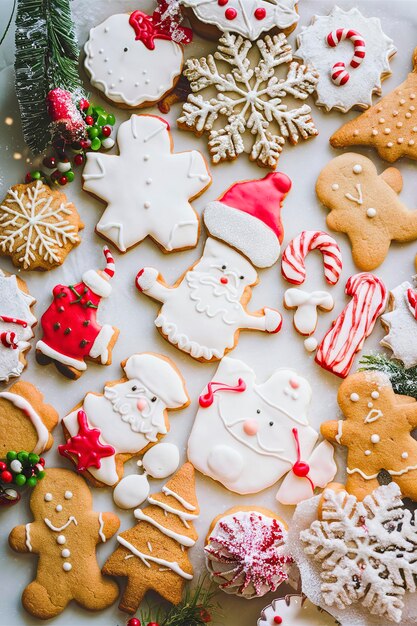 Photo variety of cookies for christmas cookie swap party overhead shot with copy space