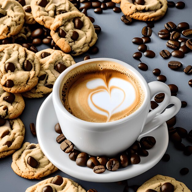 아름다운 페이트에 다양한 쿠키와 커피 컵 배열
