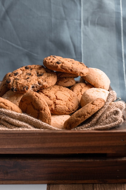 Variety of cookies in a wooden box