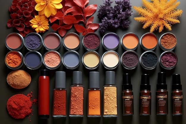 A variety of cosmetics and flowers on a table