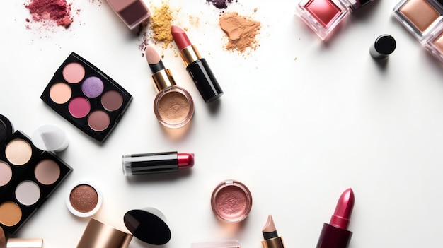 A variety of cosmetics on a white background