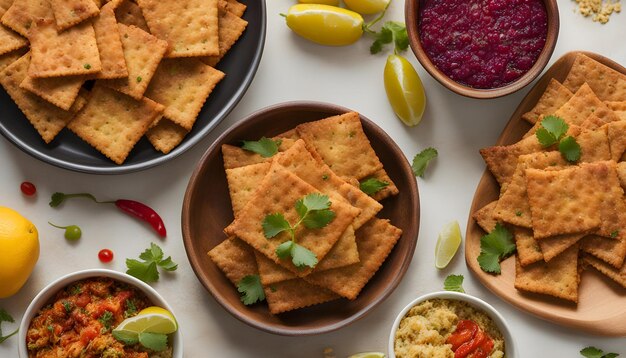 Photo a variety of crackers are displayed on a table