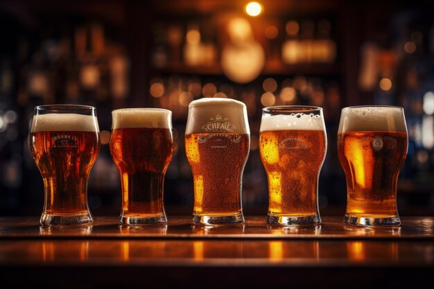 Variety of craft beer glasses on wooden bar