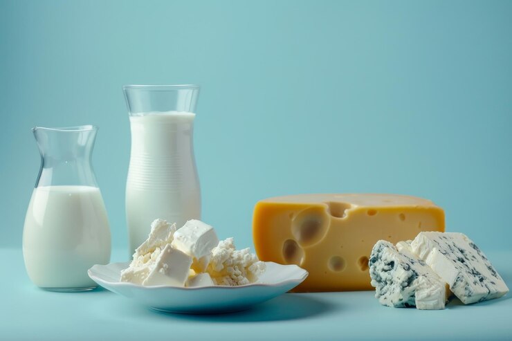 variety dairy products bottle of milk yogurt sour cream cheese with mold on blue background