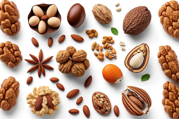 A variety of delectable nuts on a white backdrop with room for writing