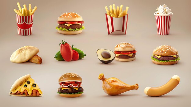 A variety of delicious fast food items are arranged on a beige background