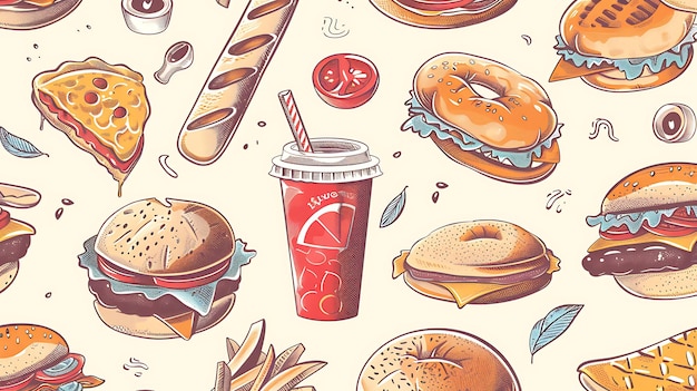 A variety of delicious fast food items are arranged in a seamless pattern