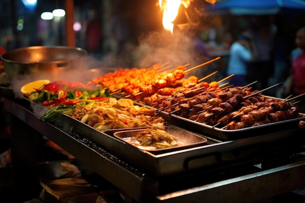 A variety of delicious food items are being cooked on a grill ready for a mouthwatering meal Delicious street food from a bustling city market AI Generated