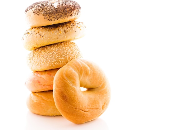 A variety of delicious, freshly baked bagels.