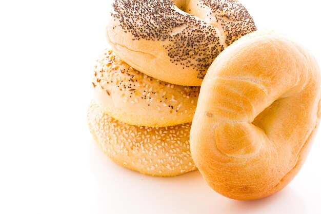 A variety of delicious, freshly baked bagels.