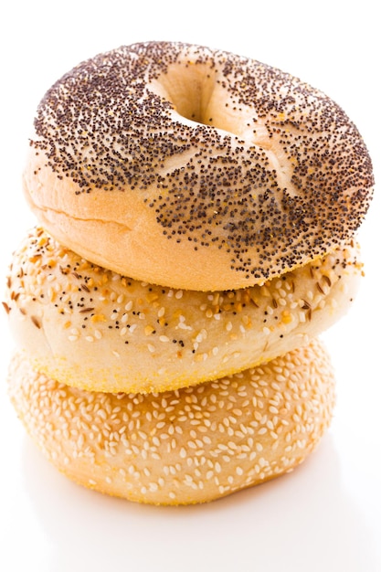 A variety of delicious, freshly baked bagels.