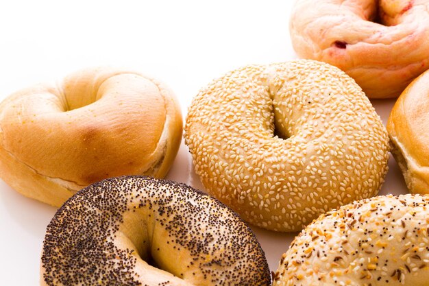 A variety of delicious, freshly baked bagels.