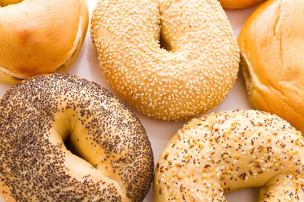 A variety of delicious, freshly baked bagels.