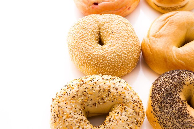 A variety of delicious, freshly baked bagels.