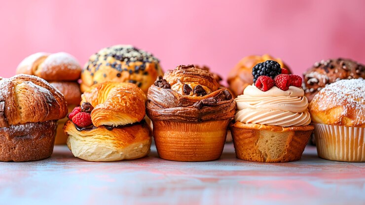 Photo variety of delicious freshly baked pastries on vibrant background